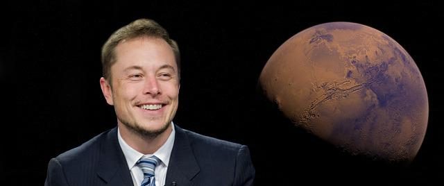 elon musk smiling with an image of the moon adjacent to him
