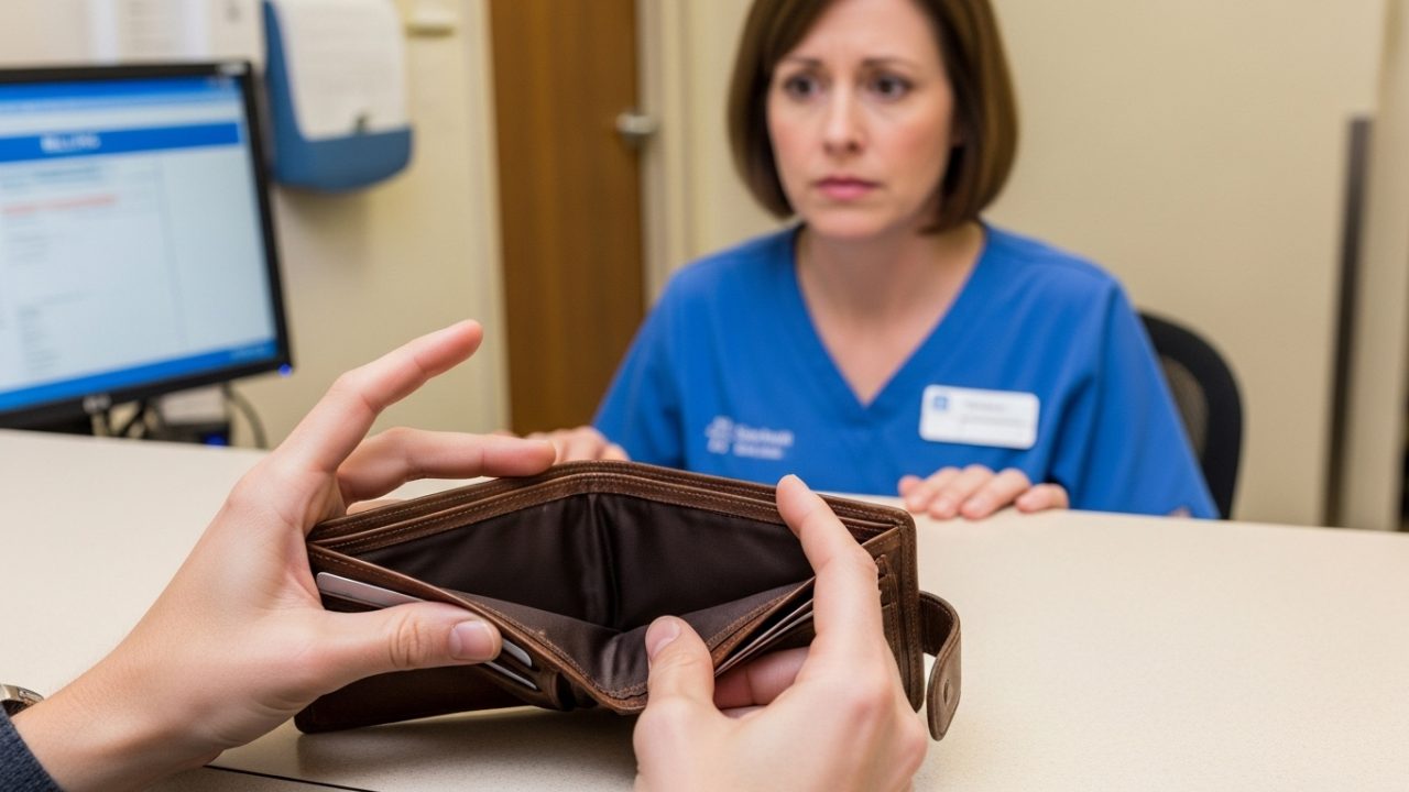 person opening their empty wallet in front of medical reception