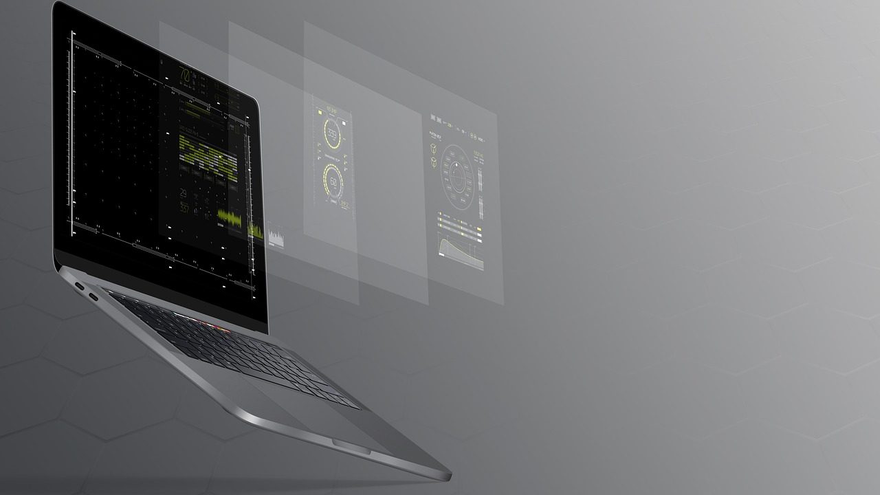 a computer floating with its display projecting