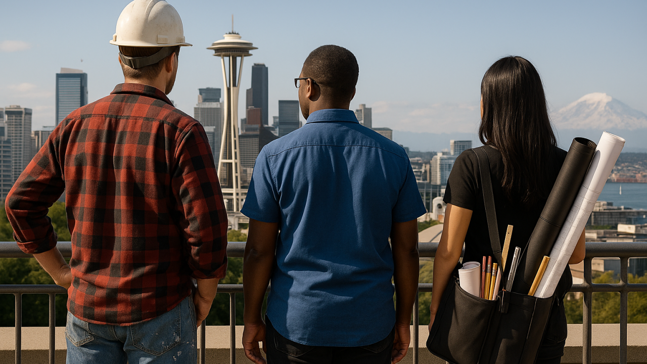 an engineer, architect, and construction worker observing Seattle