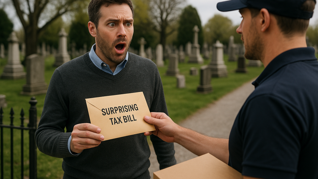 a man being surprised by a tax bill at a cemetery