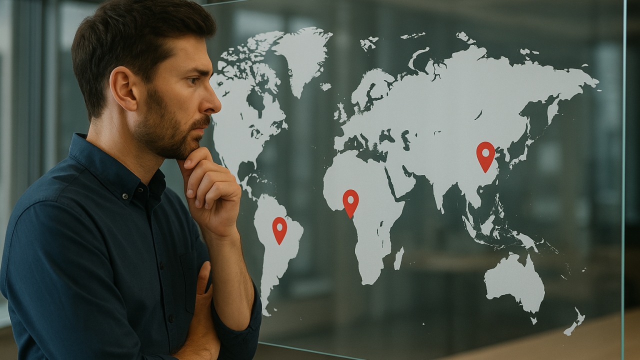 young business owner looking at glass map wondering about trade routes