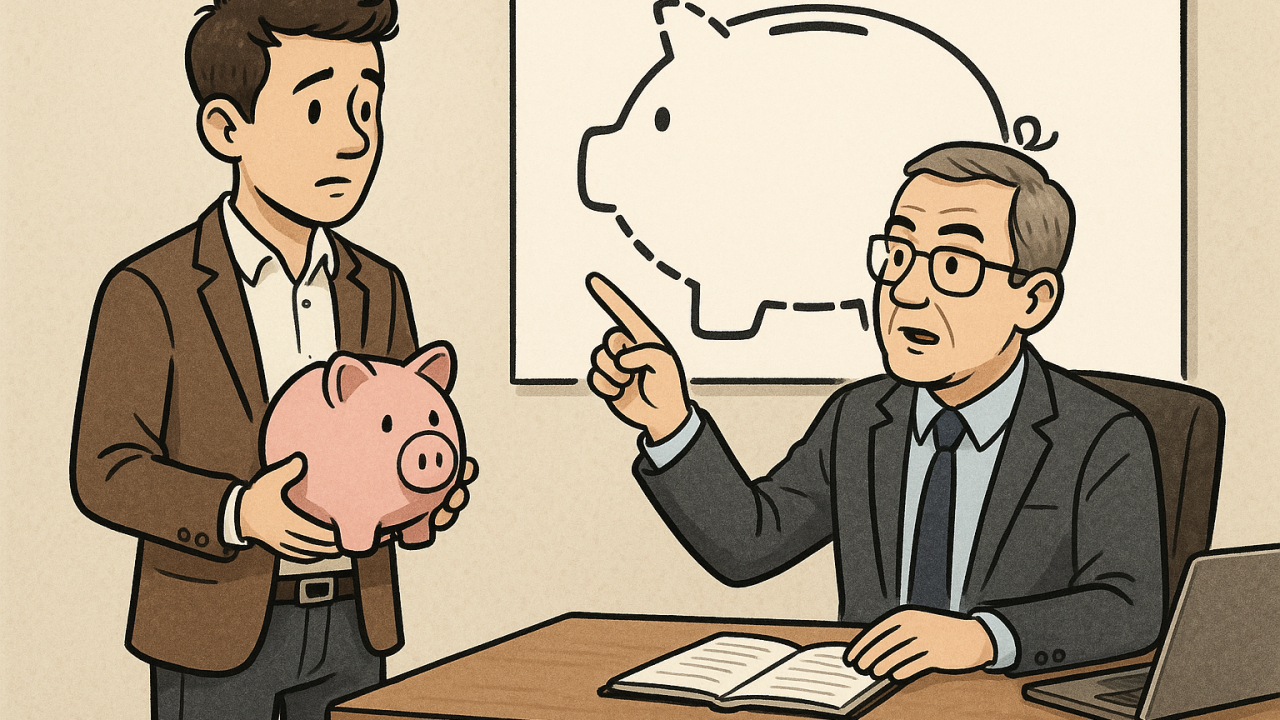 man holding piggy bank before cpa indicating it's not big enough