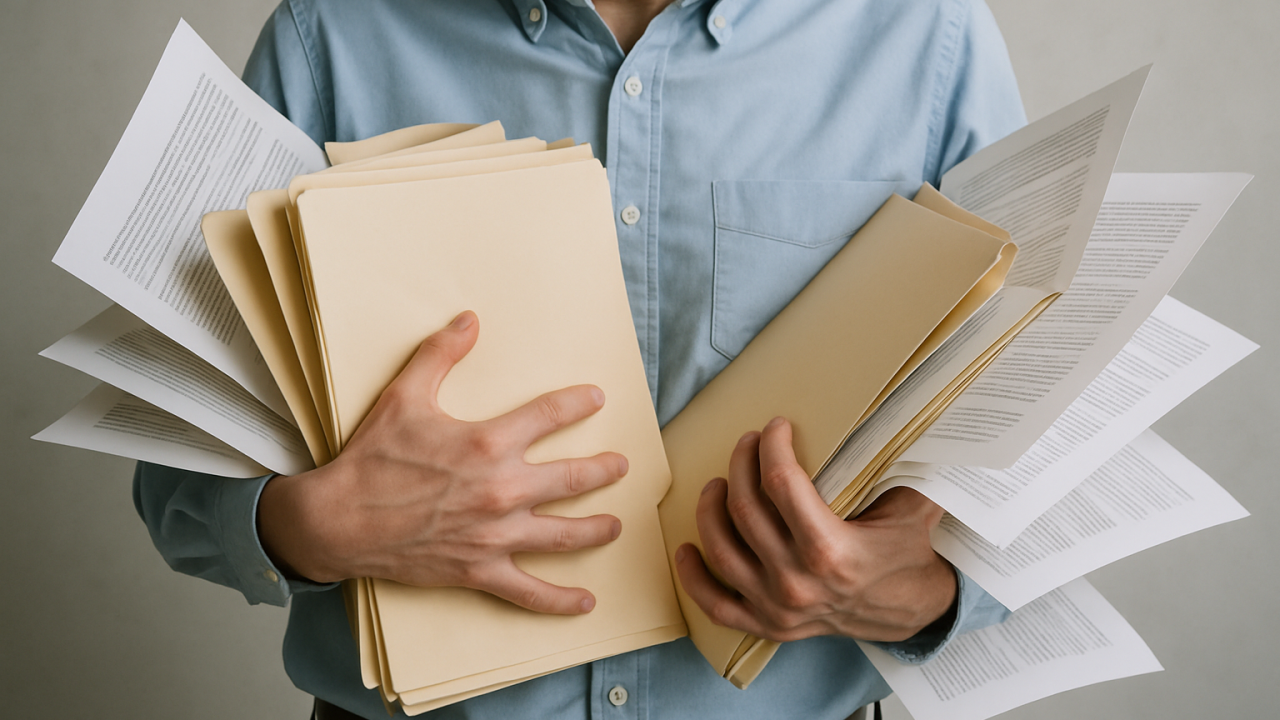 man frantically holding manilla folders with tax documents slipping out either side